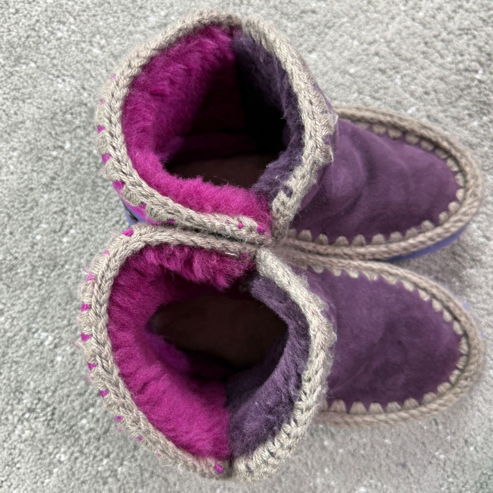 Mou Eskimo Boots Womens 38.5 Purple Suede Sheepskin Crochet Stitch Winter Boho - Picture 7 of 9